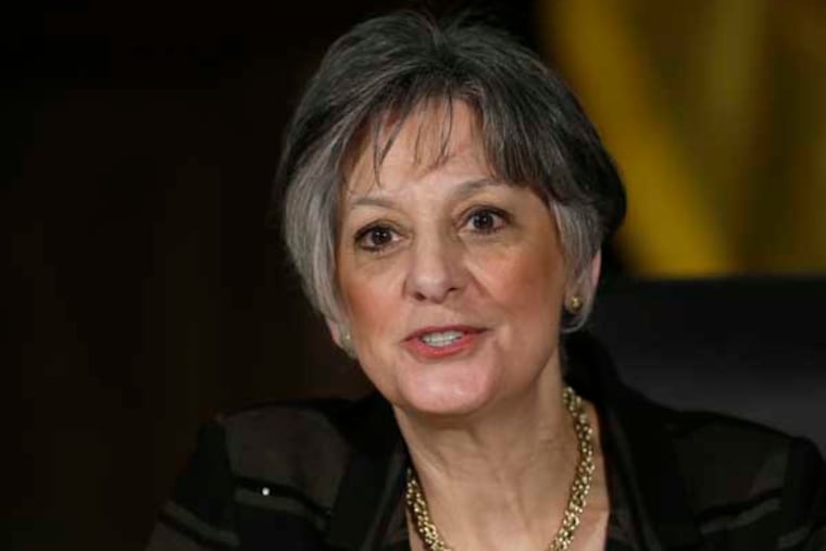 Rep. Allyson Schwartz, D-Pa. speaks after a round table discussion with Vice President Joe Biden on gun control, Monday, Feb. 11, 2013, at Girard College in Philadelphia. (AP Photo/Matt Rourke)