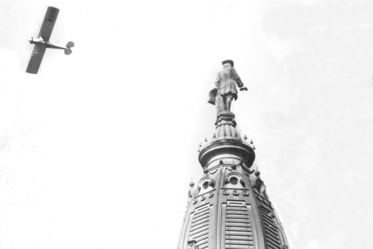 Charles Lindbergh flies over City Hall in October 1927.