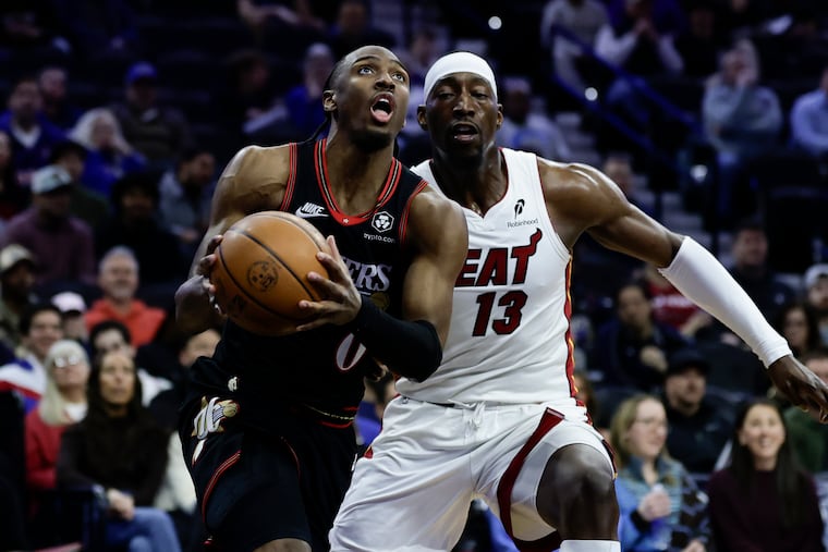 Sixers guard Tyrese Maxey drives past Miami's Bam Adebayo during the first quarter Thursday.