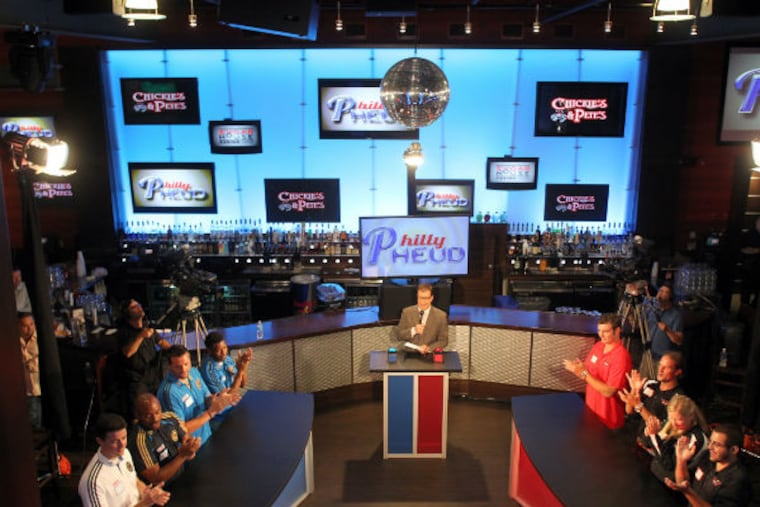 With the bar at Chickie’s & Pete’s as a backdrop, “Philly Pheud” is taped before a live audience.