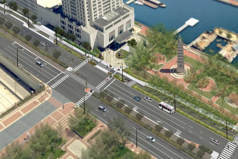 Artist's rendering of planned waterfront bike and pedestrian trail at corner of South Columbus Boulevard and Dock Street.