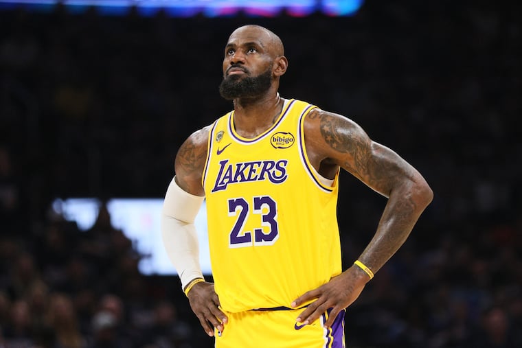 Los Angeles Lakers' LeBron James stands on the court in the second half of Game 2 in a second-round NBA basketball playoffs series against the Oklahoma City Thunder Thursday, May 7, 2026, in Oklahoma City.