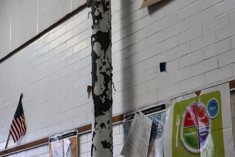 Photo shows flaking paint, assumed to contain lead, inside a Gym/Cafeteria at Forrest elementary from April 5. Forrest is one of 30 schools that was scheduled for lead paint stabilization work in December but the project has been hampered by delays from shoddy work.
