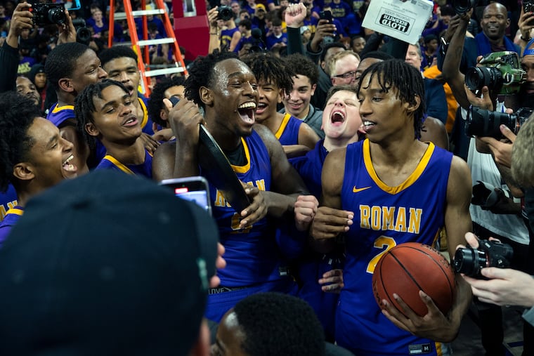 Roman celebrates a 57-52 overtime time win against Neumann-Goretti during the Philadelphia Catholic League final Monday, Feb. 27, 2023 in Philadelphia, Pa.