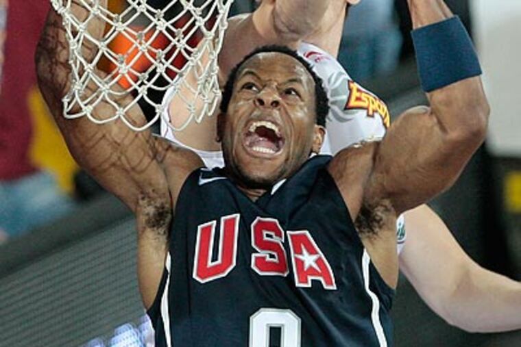 Andre Iguodala goes up for the ball at the basket during Team USA's 86-85 win over Spain on Sunday. (AP Photo/Arturo Rodriguez)