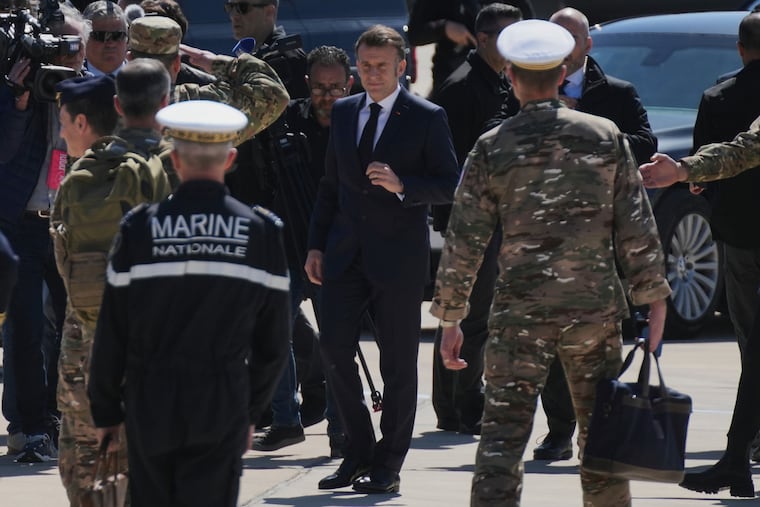 French President Emmanuel Macron arrives at Andreas Papandreou Air Base ahead of his meeting with Cyprus President Nikos Christodoulides and Greece's Prime Minister Kyriakos Mitsotakis in Paphos, Cyprus, on Monday, March 9, 2026.