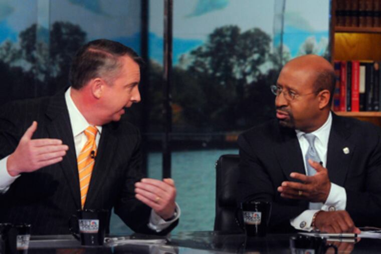 Republican strategist Ed Gillespie, left, and Mayor Nutter, right, talk on NBC's "Meet the Press" in Washington, Sunday, Nov. 28. (AP Photo/NBC, William B. Plowman)