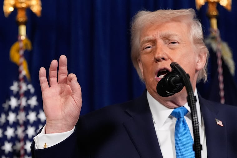 President Donald Trump speaks during a news conference at Mar-a-Lago, Saturday, in Palm Beach, Fla.