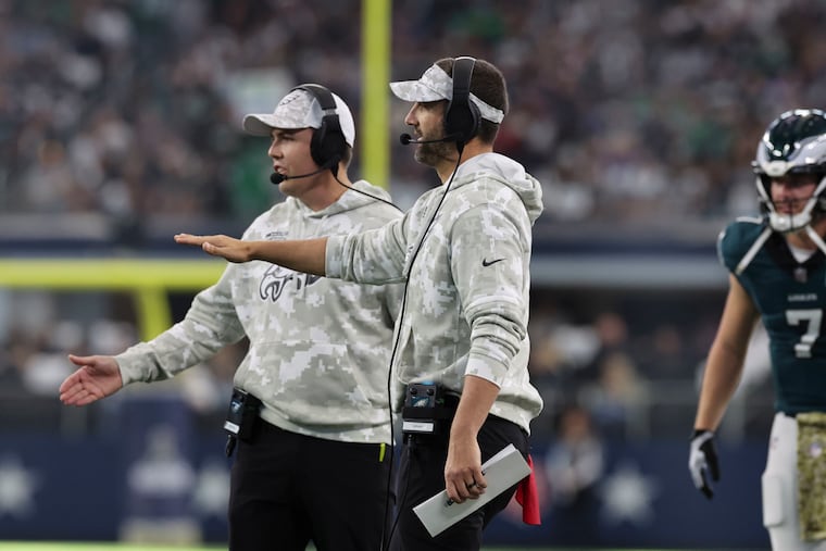 Eagles offensive coordinator Kellen Moore (left) and head coach Nick Sirianni probably won't get a lot of sleep this week ahead of Thursday night's game vs. Washington.
