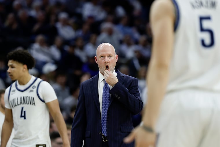 Villanova head coach Kevin Willard wipes his mouth during a second half timeout against UConn on Saturday, Feb. 21, 2026 in Philadelphia.