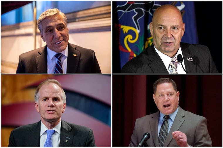 Clockwise from top left, the leading Republican candidates for Pennsylvania governor Lou Barletta, Doug Mastriano, Dave White, and Bill McSwain.