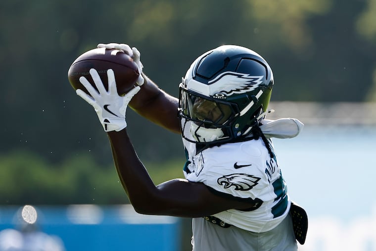 Eagles cornerback Mac McWilliams pulls in a pass on Tuesday. The rookie has "some good football instincts,” defensive coordinator Vic Fangio says.