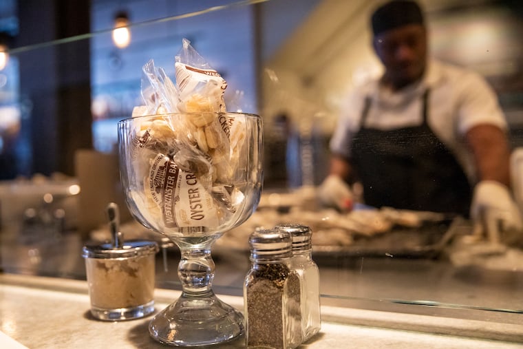 A glass of oyster crackers sit on the bar at the Oyster House in Center City Philadelphia.