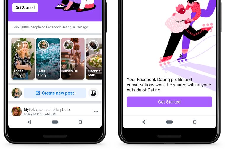 This undated product image provide by Facebook shows screenshots of Facebook Dating, a mobile-only matchmaking service. On Thursday, Sept. 5, 2019, the service will launch in the U.S.