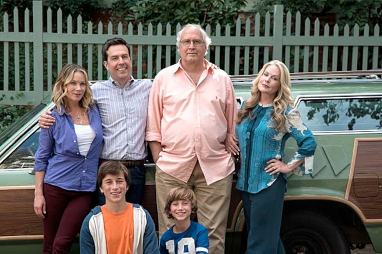 The updated "Vacation" stars, clockwise from left, Christina Applegate as Debbie Griswold and Ed Helms as the grown-up Rusty Griswold, with Chevy Chase and Beverly D'Angelo as Clark and Ellen Griswold, and Steele Stebbins as Kevin and Skyler Gisondo as James. (Warner Bros. Pictures)