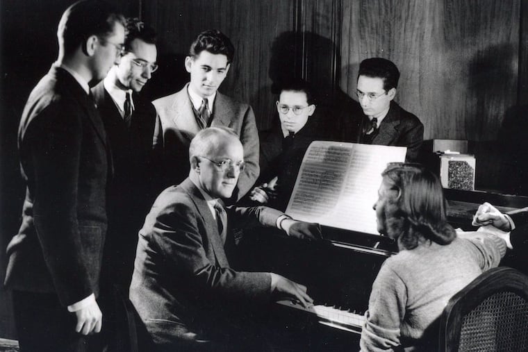 Leonard Bernstein (third from left, standing) as a student at Philadelphia’s Curtis Institute in a group shot with his composition teacher, Randall Thompson.