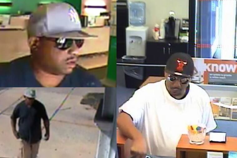 Surveillance stills of a suspect in the robbery of a PNC Bank in Flourtown on Aug. 10 (left) and of a Citizens Bank in Philadelphia on Aug. 14.