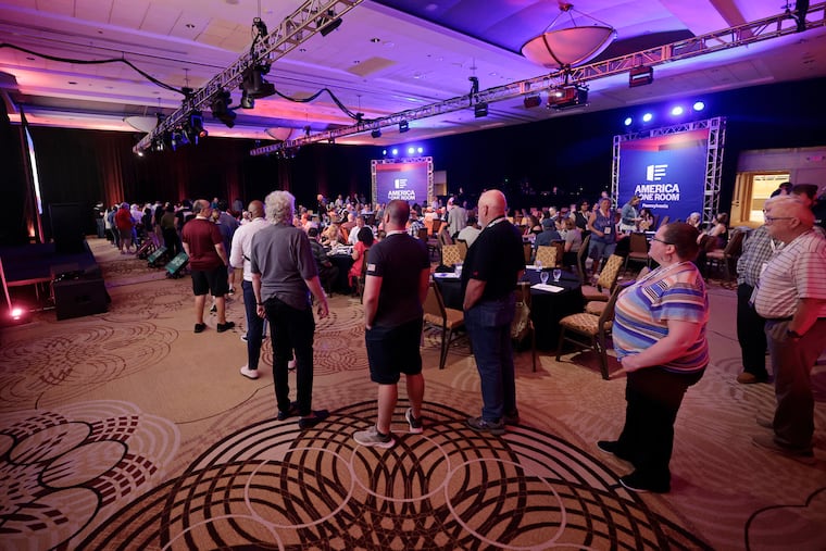 Attendees wait in the dinner buffet line at the America in One Room: Pennsylvania event at the Sheraton Downtown in Philadelphia on Thursday, June 5, 2025.