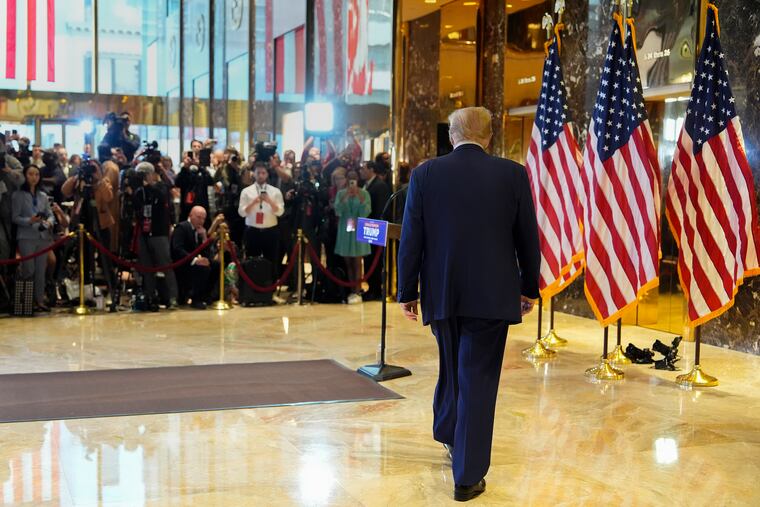 Former President Donald Trump arrives to speak at a news conference at Trump Tower on Friday, . a day after a New York jury found Donald Trump guilty of 34 felony charges. (AP Photo/Julia Nikhinson)