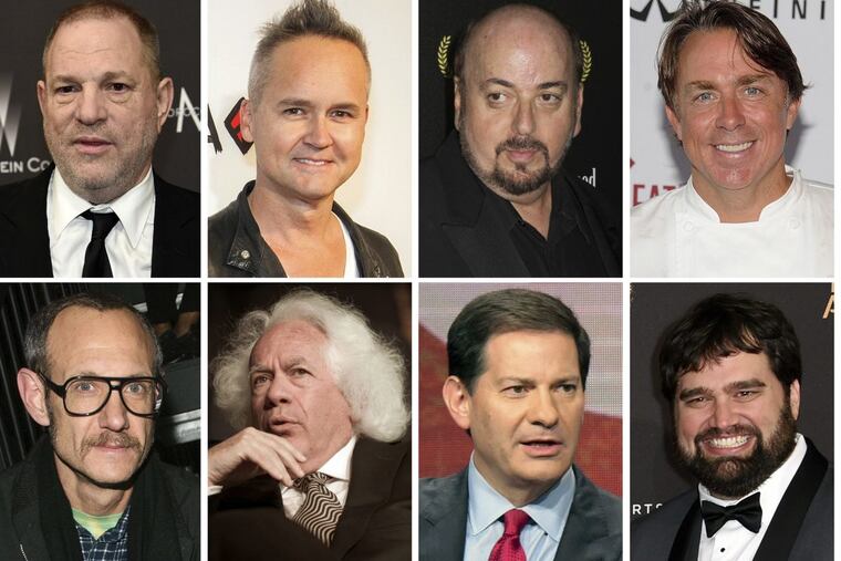 This combination photo shows, top row from left, film producer Harvey Weinstein, former Amazon Studios executive Roy Price, director James Toback, New Orleans chef John Besh; bottom row from left, fashion photographer Terry Richardson, New Republic contributing editor Leon Wiseltier, former NBC News political commentator Mark Halperin, former Defy Media executive Andy Signore. In the weeks since the string of allegations against Weinstein first began, an ongoing domino effect tumbled through not just Hollywood but at least a dozen other industries.