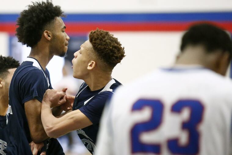 Timber Creek’s Maurice Murray (left) and Isaiah Sanders celebrating during playoff win over Triton in 2017.