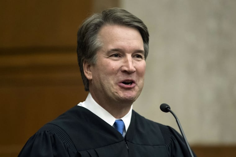 In this Aug. 7, 2018, photo. President Donald Trump's Supreme Court nominee, Judge Brett Kavanaugh, officiates at the swearing-in of Judge Britt Grant to take a seat on the U.S. Court of Appeals for the Eleventh Circuit in Atlanta at the U.S. District Courthouse in Washington. America is about to get its first extended look at Supreme Court nominee Brett Kavanaugh in his confirmation hearing before the Senate Judiciary Committee.