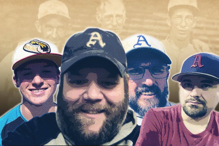 Philadelphia Athletics fans, from left, Charlie Ramsey, Mick Green, JT Ramsey, and Matt Schriever.