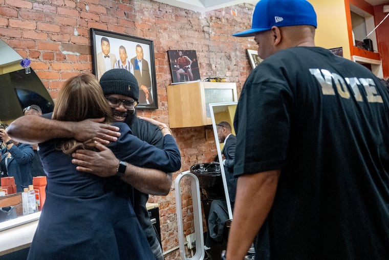 Vice President Kamala Harris visits the Philly Cuts Barbershop in West Philadelphia Sunday, Oct. 27, 2024.