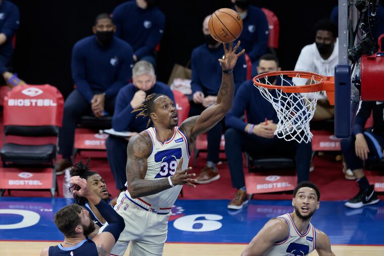 Sixers Dwight Howard misses this shot during the first quarter of the Memphis Grizzlies at Philadelphia 76ers NBA game at the Wells Fargo Center in Phila., Pa. on April 4, 2021.