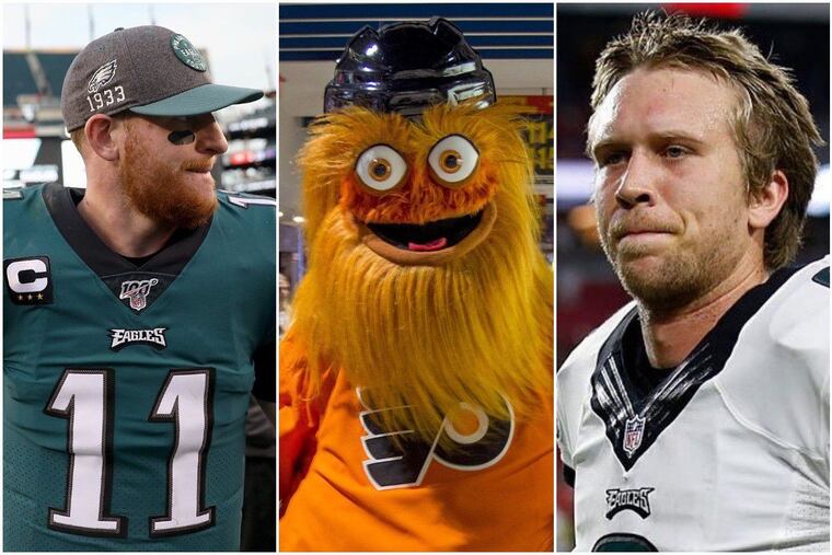 Philadelphia voters who cast write-in ballots preferred former Eagles quarterback Nick Foles (right) over current starter Carson Wentz (left) but Flyers mascot Gritty continues to dominate with the most write-in votes for any local sports figure.