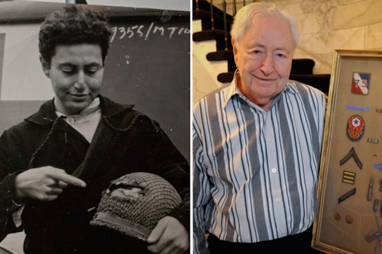 Leonard Becker, of Wynnewood, Pa., holding items from his World War II uniform, right. And Becker in 1945, holding his helmet, which was struck by shrapnel during the Battle of the Bulge. (Right: Ron Tarver/Staff)