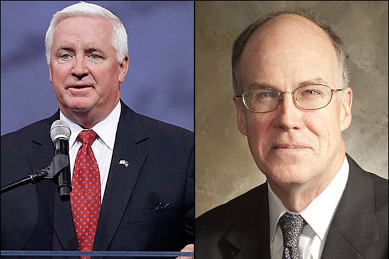 Pennsylvania Secretary of Aging Brian Duke (right) visited a retirement community Monday in Philly to talk up Gov. Corbett's current and proposed budget, saying how committed the governor (left) was to aging services. (File photos)