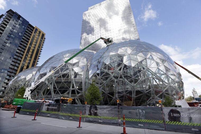 In April 2017, construction continued on three large, glass-covered domes on Amazon’s campus in downtown Seattle.