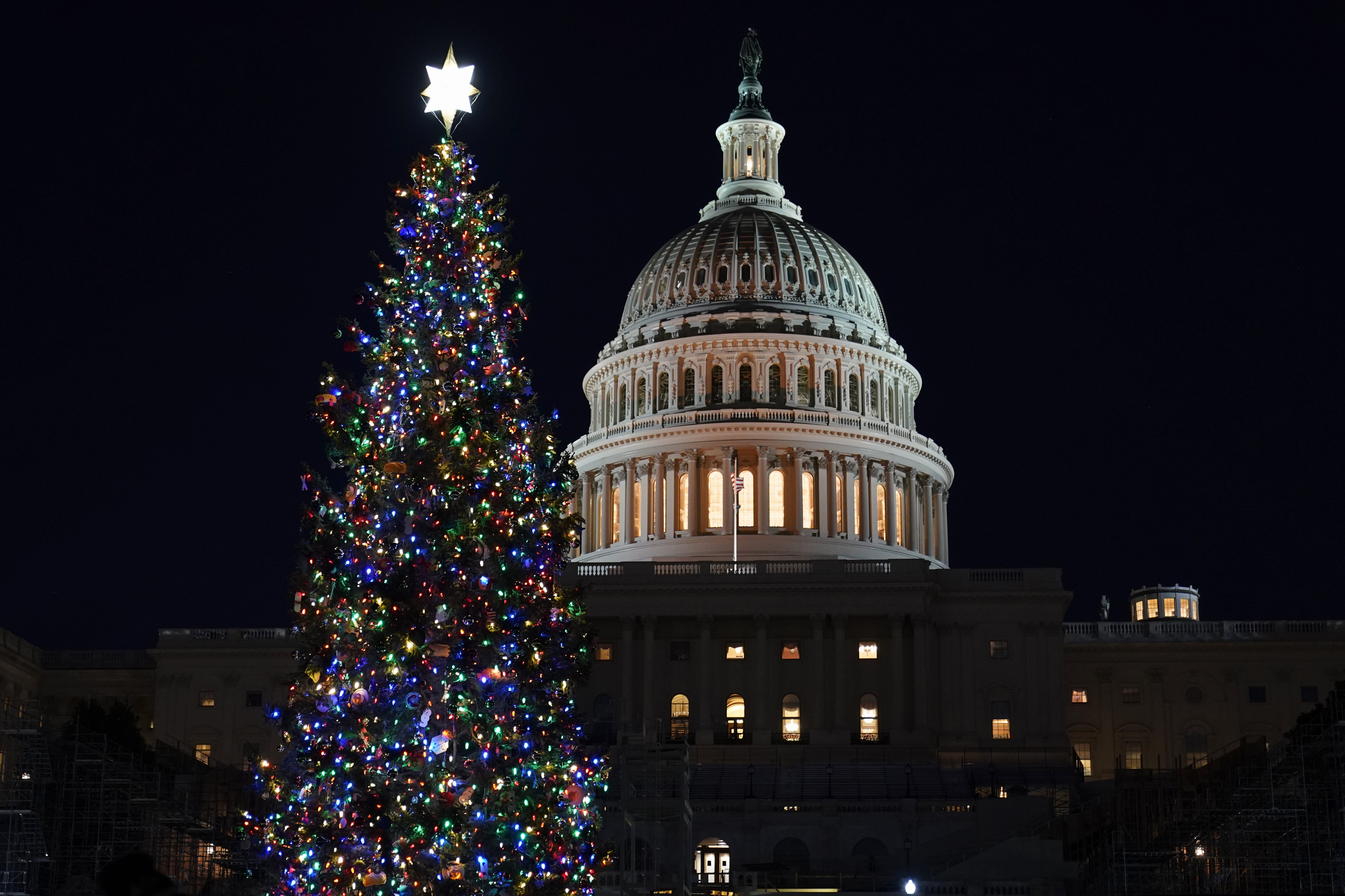 The 2020 U.S. Capitol Christmas Tree is lit after a ceremony on the West Front of Capitol Hill in Washington, with House Speaker Nancy Pelosi of Calif., Wednesday, Dec. 2, 2020. This year's tree is a 55-foot tall Engelmann spruce from Western Colorado and is decorated with handmade ornaments made by the people of Colorado. The Capitol Christmas Tree has been a tradition since 1964.