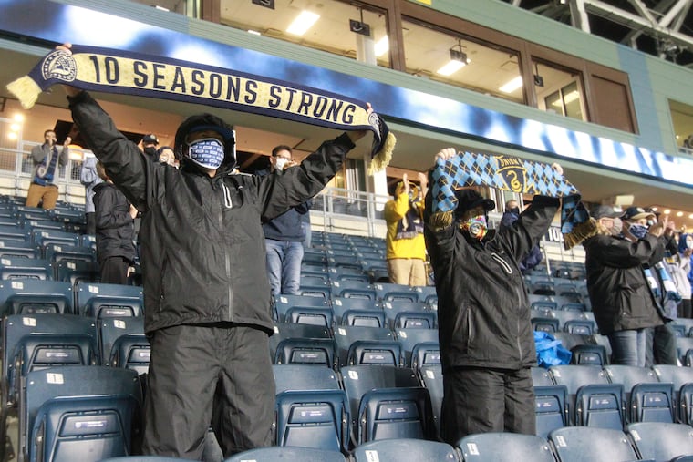 Fans celebrate the Union’s 2-1 victory over Montreal. The Philadelphia Union becomes the first Philadelphia-area team to allow fans in the standsfor their game against Montreal on Oct. 11, 2020 at Suburu Park in Chester, PA. Approximately 2000 tickets were sold for the game.