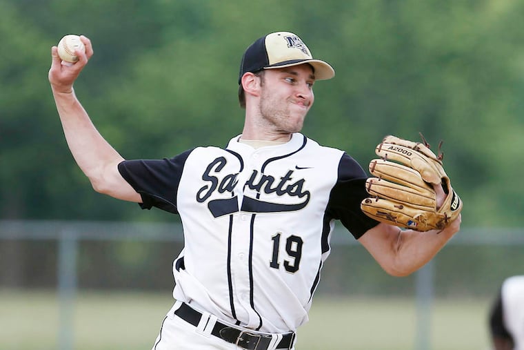 Neumann-Goretti's Joe Kinee pitches against Prep Charter during the 4th inning. Neumann-Goretti wins 5-2 over Prep Charter in the AA City Title game at FDR Park in Philadelphia on May 30, 2013. ( DAVID MAIALETTI / Staff Photographer )