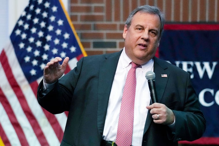 Former New Jersey Gov. Chris Christie addresses a gathering during a town hall style meeting at New England College in April in Henniker, N.H.