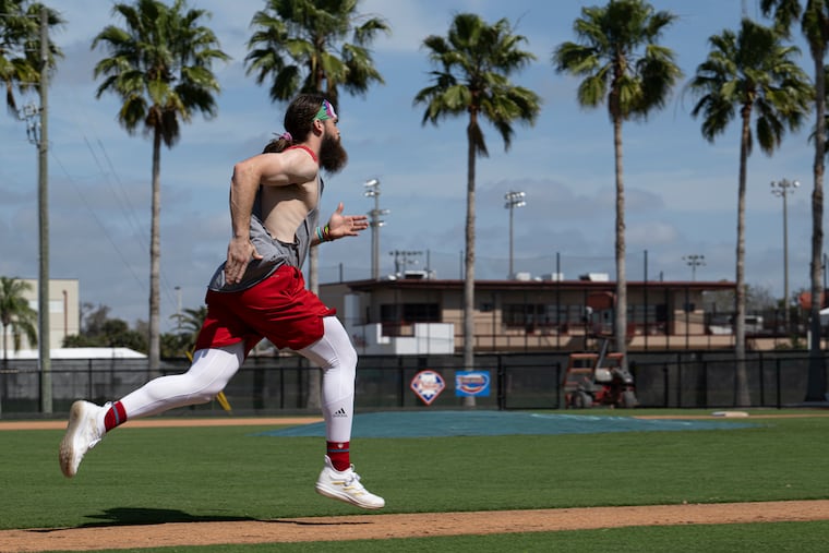 Phillies center fielder Brandon Marsh running the bases during spring training workouts in Clearwater, Fla., on Monday.