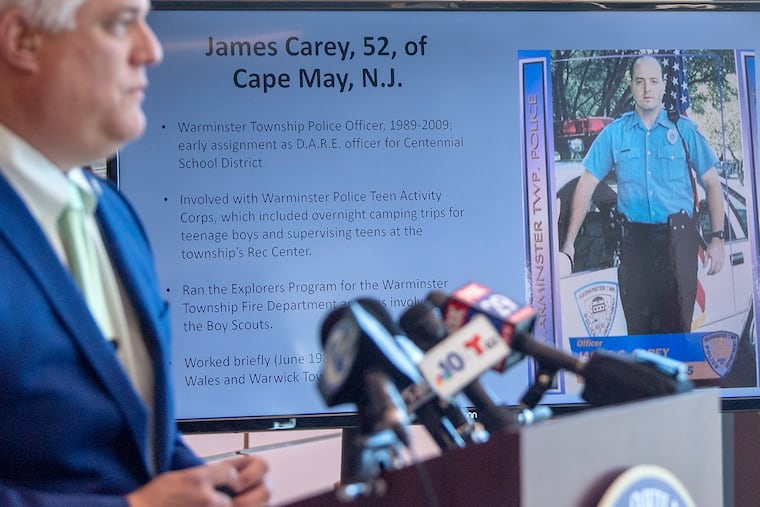 Bucks County District Attorney Matt Weintraub described the charges lobbed against former Warminster Police Officer James Carey after Carey's arrest last year. Carey, 53, entered a no-contest plea to sexually abusing five boys during his tenure as an officer.