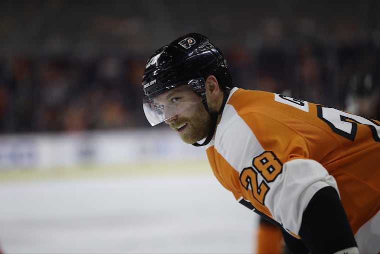 Claude Giroux, pictured during Thursday's game against New Jersey, recorded two assists in Saturday's overtime loss to Tampa Bay. He is now tied with Brian Propp (480) for second all-time in career assists for the Flyers.