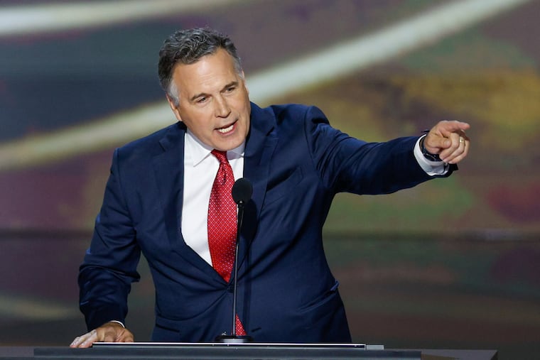Pennsylvania Republican Senate candidate Dave McCormick addresses the Republican National Convention at Fiserv Forum Arena in Milwaukee on Tuesday.