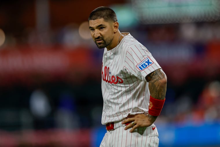 The Phillies' Nick Castellanos looks on after hitting into an inning-ending double play in the seventh.