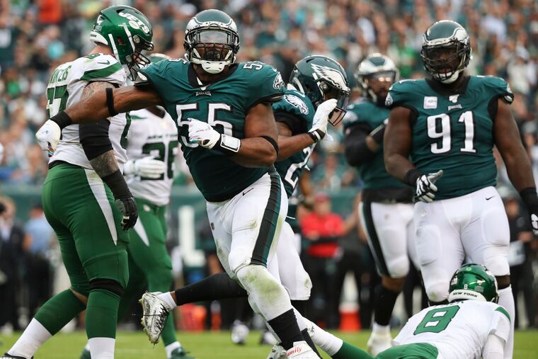 Eagles defensive end Brandon Graham celebrates his sack on New York Jets quarterback Luke Falk during the second quarter on Sunday, October 6, 2019 at Lincoln Financial Field in Philadelphia. Six minutes of play left in the half.