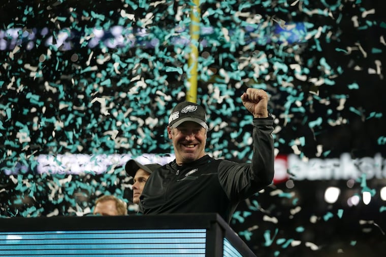 Eagles’ coach Doug Pederson celebrates after the Eagles won the Super Bowl in February.