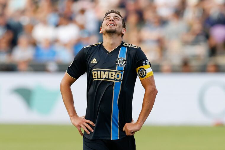 Union midfielder Alejandro Bedoya looks-up against New York City FC on Sunday, June 26, 2022 at Subaru Park in Chester, PA.