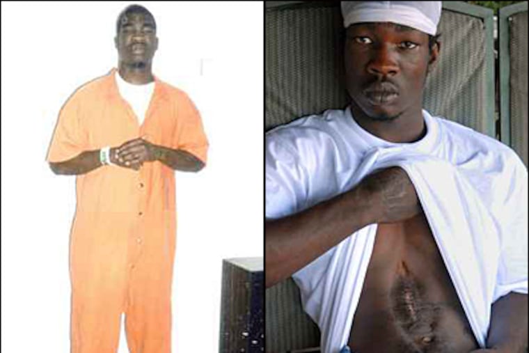 Leroy Lewis (left) at the Philadelphia Industrial Correction Center earlier this year. After witnesses failed to appear for a series of court dates, the case against him was dismissed. At right, Lewis shows the aftermath of being shot twice. (Peter Tobia / File)