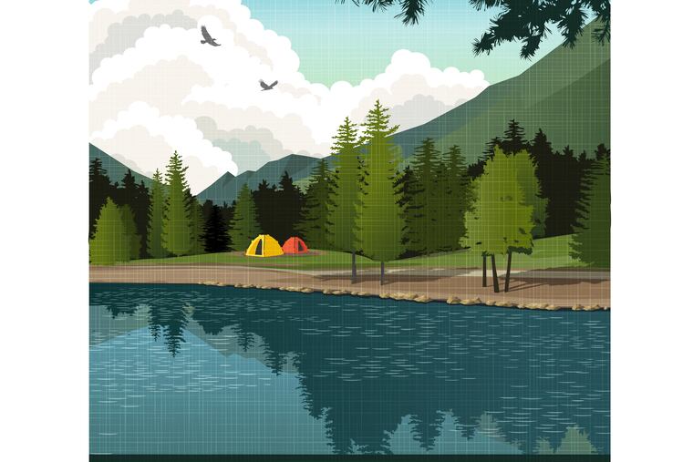 Scenic landscape with mountains, forest and lake with camping tents. Summer travel poster or sticker design.