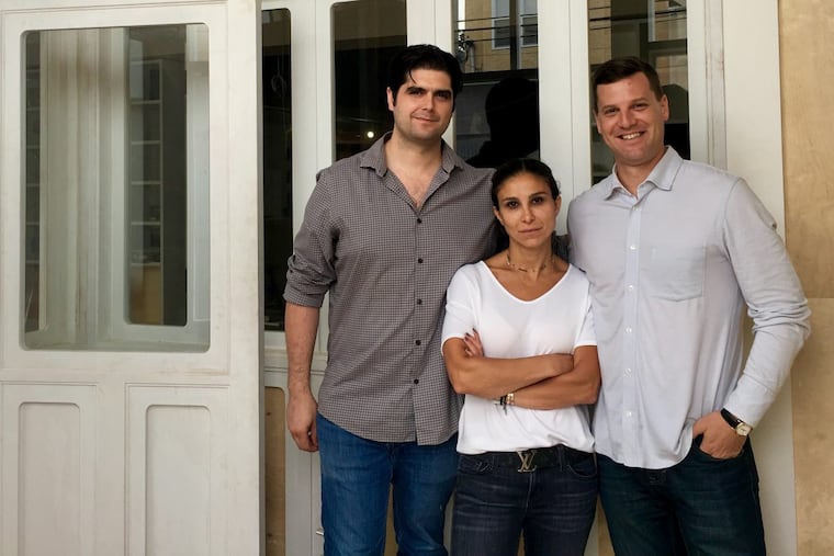 Outside Suraya at 1526 Frankford Ave. are (from left) chef Nick Kennedy, Nathalie Richan, and Greg Root.