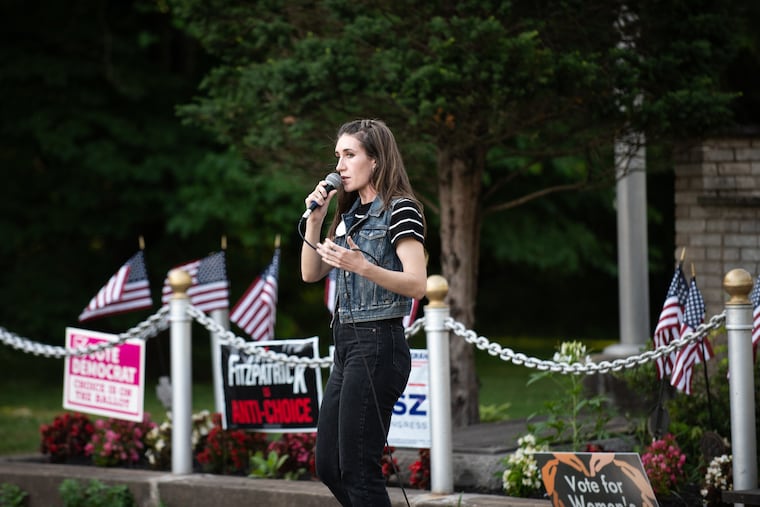 Congressional candidate Ashley Ehasz, speaks at an abortion rights rally in Sellersville on Monday. She is making abortion a key part of her campaign against incumbent U.S. Rep. Brian Fitzpatrick.