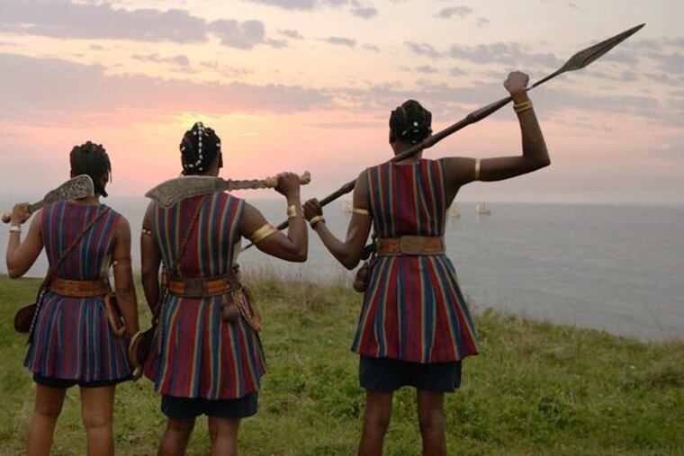 (L to R) Thuso Mbedu, Viola Davis and Shelia Atim star in The Woman King.